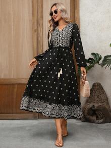 EMERY ROSE Đầm nữ in hoa, cổ chữ V, tay phồng, cài cúc, kiểu dáng thanh lịch, thích hợp cho kỳ nghỉ. - Nhiều màu - Xem 7