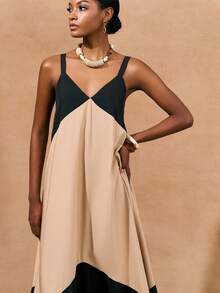 Zivah 2026春夏优雅通勤商务休闲无袖V领口袋撞色宽松A字连衣裙长裙夏季女装休闲长裙 - 卡其色 - 查看 4