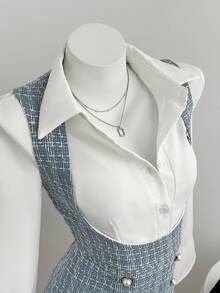 Elamini Women's Elegant Button Design Long Sleeve 2 In 1 Commuter Dress