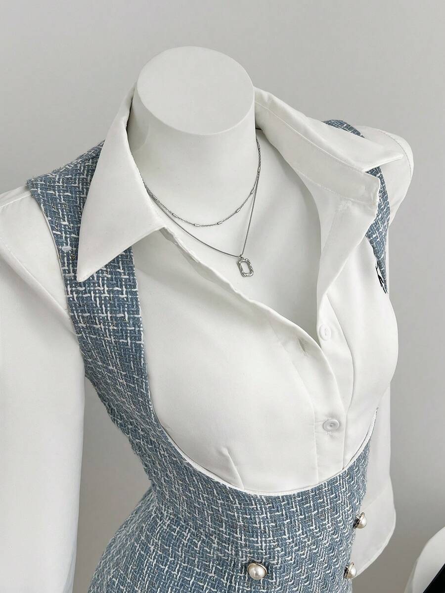 Elamini Women's Elegant Button Design Long Sleeve 2 In 1 Commuter Dress