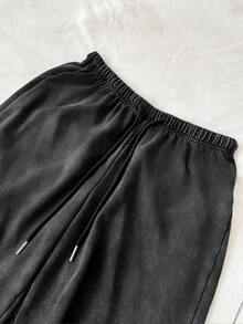 SHEIN PETITE CURVE Quần ống rộng dáng suông, cạp chun, màu trơn, đa năng cho nữ, thích hợp mặc đi làm, sinh hoạt hàng ngày, đi học, mùa xuân, phong cách thường ngày. - Màu xám đen - Xem 5