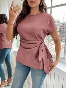 Reflora Cămașă de vară elegantă, casual, cu mânecă tip liliac și nod lateral, mărime plus - Roz Coral - Vizualizare 7