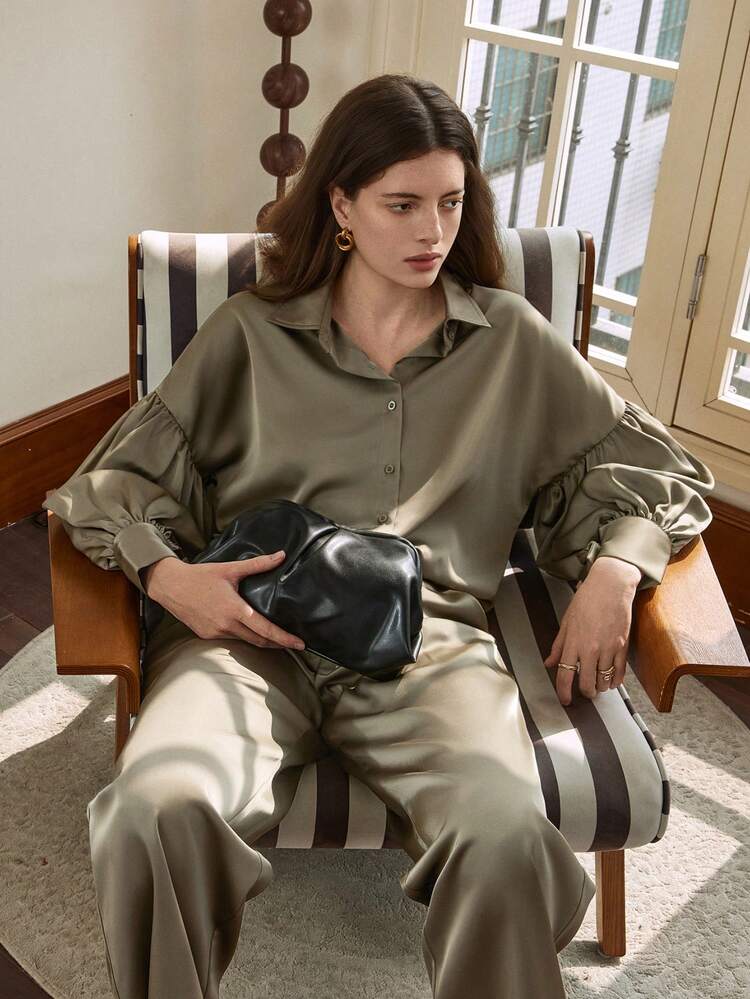 Women's Solid Color Minimalist Long Sleeve Shirt And Pants 2 Pieces Set, Casual Everyday Wear Business Casual Woman Lounge Sets For Women