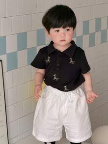 DAZY Baby Boys' Turndown Collar Cartoon Embroidery Korean Style Solid Color Short Sleeve Top, Summer Spring - Black - View 4