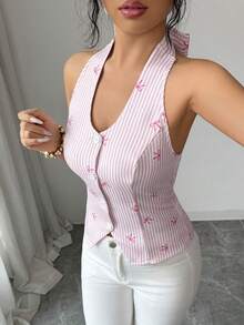 SHEIN Elenzya Áo tank top không tay ôm sát in họa tiết nơ và sọc dành cho nữ - Hồng - Xem 9