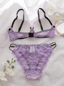 DelicateAllure 粉色和黑色蕾丝内衣套装，镂空钩编工艺，性感细肩带设计，亲肤舒适 - 淡紫色 - 查看 2