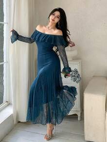 DAZY Women's Elegant Lace Patchwork Off-Shoulder Midi Dress, Spring/Summer Wedding Guest Dress Sundress - Blue - View 3