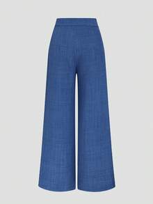 Elenzga 新款女士高腰侧拉链装饰纽扣喇叭裤休闲优雅长裤，适合春秋季穿着 - 藍色 - 查看 2