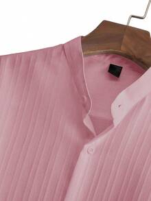 Manfinity Homme 男士休闲纯色纹理短袖衬衫和抽绳腰宽松直筒裤两件套，男士两件套服装，秋冬男装，白色套装 - 粉色 - 查看 4