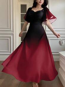 Modelyn 女士黑粉渐变蝙蝠印花褶皱短袖甜美法式夏日连衣裙 - 酒紅色 - 查看 6