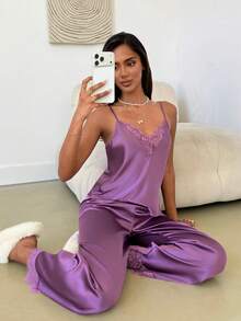 Aloruh Women's Solid Color Lace Patchwork Cami Top & Pants Pajama Set - Purple - View 3