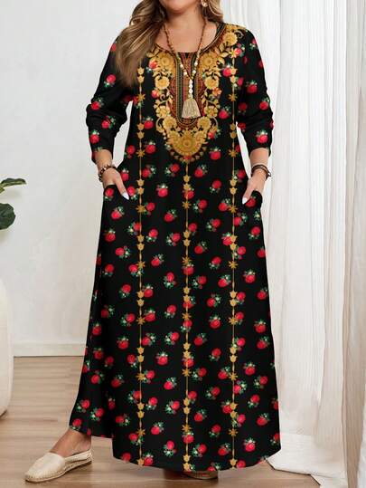 EMERY ROSE فستان بأكمام طويلة وياقة مستديرة مطبوع بطراز ورد قديم مناسب للمقاسات الكبيرة، مناسب للربيع/الصيف