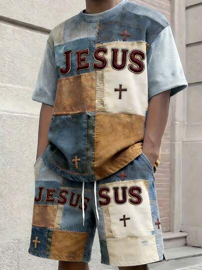 SHEIN طقم تي شيرت وشورت كاجوال للرجال مطبوع بطباعة الجينز ذو ألوان متباينة، صيفي