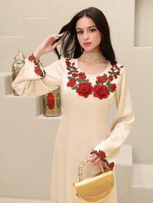 Al Najma Women's Casual Loose Rose Floral Lace Applique Waist Tie Belted Abaya Dress