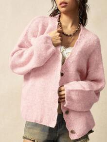 Bohemela Cárdigan casual de manga larga de unicolor con cierre de botones delantero de punto suelto vintage - Rosa - Ver 6