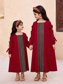 SHEIN Đầm thường ngày họa tiết nơ vuông dệt trơn màu cho bé gái - Đỏ - Xem 2