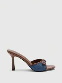 CUCCOO SZL Brown PU Leather Mixed Gold Buckle Decor 3.5" High Heel Round Toe Retro Mule Sandals For Christmas Prom Heels Summer Shoes - Blue brown - View 2