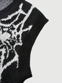 ROMWE MEN Street Life Men's Casual Spider Web Pattern V-Neck Sweater Vest, Suitable For Daily Commute, Halloween, Autumn/Winter - Black - View 3