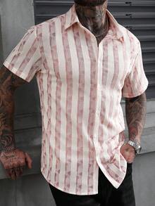 Manfinity CasualCool 男士条纹短袖单排扣休闲衬衫 - 粉色 - 查看 7