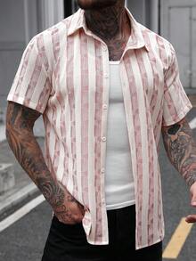Manfinity CasualCool 男士条纹短袖单排扣休闲衬衫 - 粉色 - 查看 8