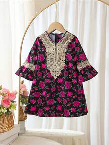 SHEIN 女婴优雅可爱黑色花卉图案金色滚边长袖连衣裙 - 黑色 - 查看 2