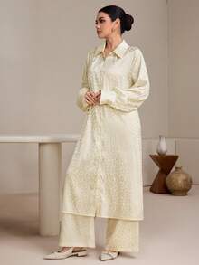 Graceveil 女士杏色豹纹提花优雅端庄休闲阿拉伯风格衬衫裤套装 - 杏色 - 查看 3