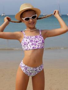 SHEIN Bộ bikini in hoa cho bé gái tuổi teen, chất liệu vải dệt kim với thiết kế nơ, thời trang và thanh lịch cho bơi lội, kỳ nghỉ, mùa hè, đi biển. Đồ bơi hai mảnh cho bé gái tuổi teen, đồ bơi in hoa hai mảnh cho bé gái tuổi teen. - Màu tím hoa cà - Xem 3