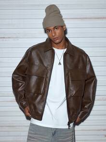 Modcrash Men's Long Sleeve Spring/Autumn Casual Loose-Fit Lapel Motorcycle Leather Jacket - Coffee Brown - View 3