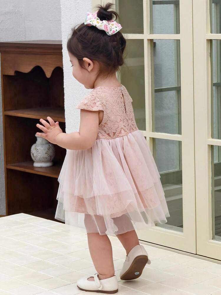 Toddler Girls' Round Neck Lace Casual Mesh Patchwork Party Birthday Short Sleeve Dress