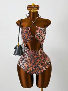 Zestiva Set de costum de baie pentru femei cu imprimeu leopard, top și fustă tankini cu talie înaltă și scobit încrucișat, ținută casual la modă, primăvară/vară/toamnă/iarnă - Multicolor - Vizualizare 5