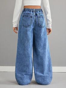 SHEIN Quần jeans ống rộng dáng suông phong cách Y2K cho bé gái, màu sáng, đính đá lấp lánh, có túi, kiểu dáng thường ngày, quần jeans ống rộng ôm sát, quần jeans thường ngày mùa thu đông, quần jeans rộng thùng thình cho bé gái, quần jeans sân bay, quần ống rộng, thời trang đường phố, quần jeans ngộ nghĩnh, quần jeans đi học, quần jeans dự tiệc sang trọng, quần jeans Giáng sinh. - Rửa trung bình - Xem 2