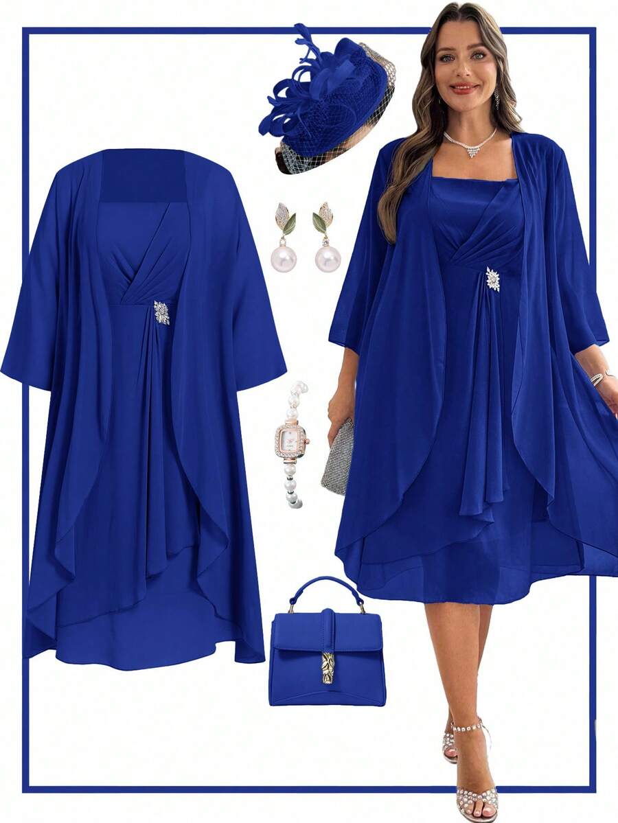 Ellevyn Plus Size Elegant Solid Color Heart Print Knitted Elastic A-Line Dress With Rhinestone Decor, Dress And Jacket Set - Royal Blue - View 1