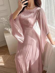 DAZY 春夏正式礼服，优雅缎面连衣裙，适合婚礼、派对、舞会、通勤等场合，长款连衣裙/吊带裙 - 粉色 - 查看 1