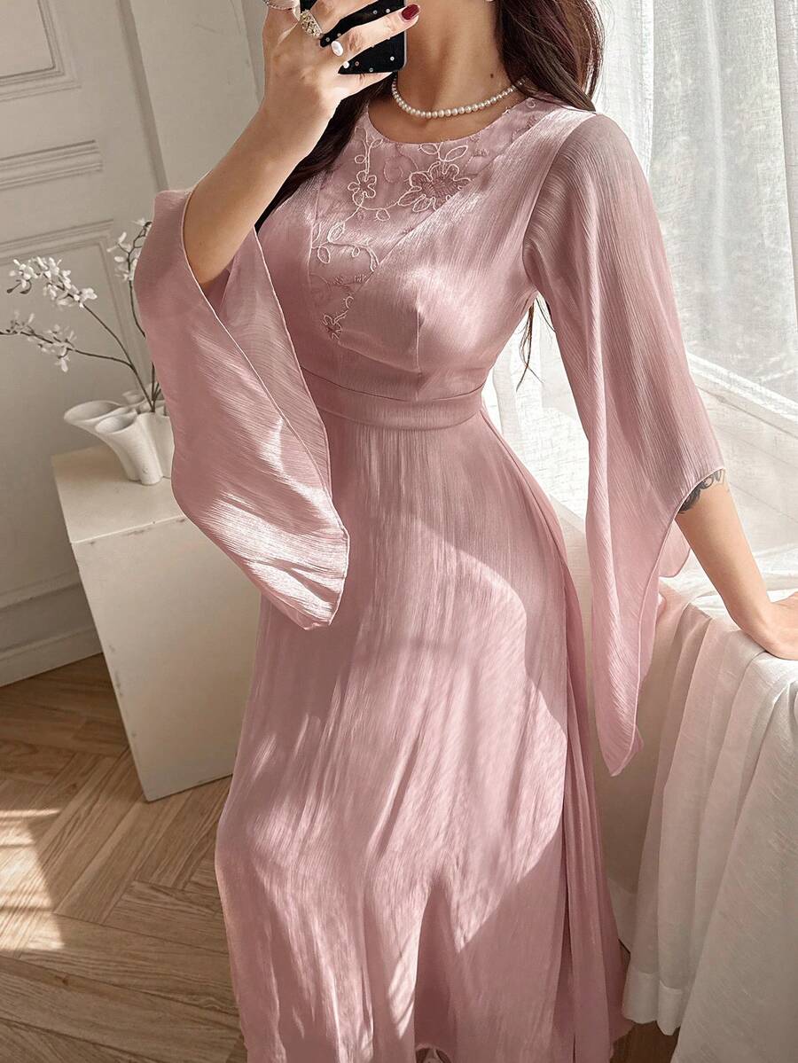 DAZY 春夏正式礼服，优雅缎面连衣裙，适合婚礼、派对、舞会、通勤等场合，长款连衣裙/吊带裙 - 粉色 - 查看 1