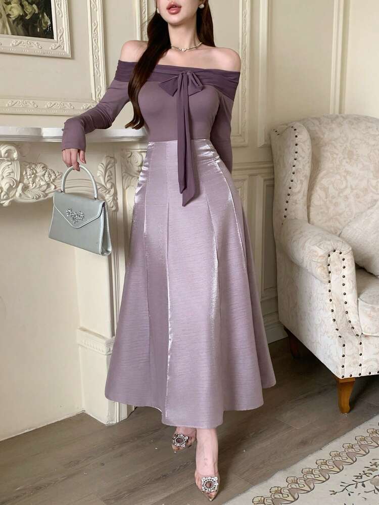 Spring & Summer Off Shoulder Bow Tie Waist Crop Top & A-Line Skirt Set, Fashion Party/Wedding/Banquet Dress