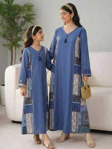 SHEIN Teen Girls' Blue Vacation Casual V-Neck Long Sleeve Dress, Loose Arabic Style V-Neck Dress, Girls' Spring Autumn Dress, Everyday Wear, Arabic Jalabiya Dress Teen Modest Dress Long Modest Dresses - Blue - View 3