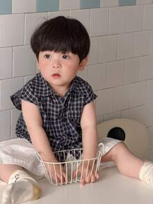 DAZY Toddler Boys' Casual Plaid Collar Short Sleeve Top, Summer - Blue - View 5