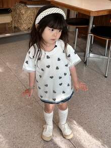 DAZY 女婴爱心印花休闲圆领短袖上衣 - 白色 - 查看 6