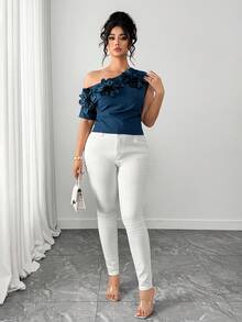 Elenzga Plus Size Women Floral Decor Oblique Shoulder Fashionable Vintage Elegant Casual Date Holiday Blouse - Blue - View 8