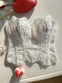 Comfortcana 大码塑身衣束身胸衣优雅性感提花胸衣上装 - 白色 - 查看 5