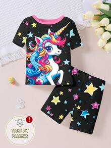 Toddler Girls' Cute Unicorn Print Colorful Star Glow-In-The-Dark Contrast Trim Knit Pajama Set, Comfortable Casual Short Sleeve Top And Shorts Two Pieces Sleepwear - Multicolor - View 5