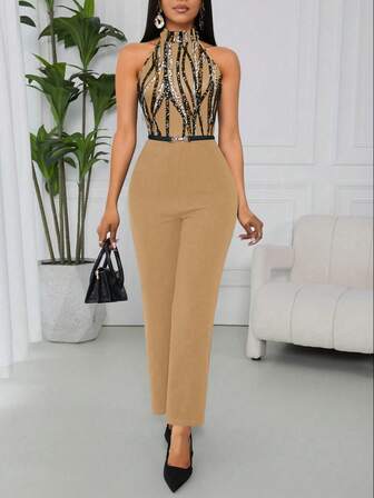 Lyxana Women's Elegant Printed Halter Jumpsuit