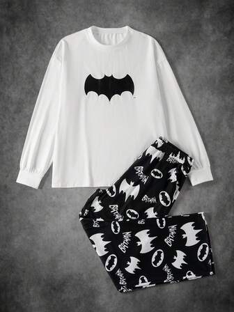 BATMAN X SHEIN Herrset med rund halsringning, långärmad topp och byxor, casual, höst