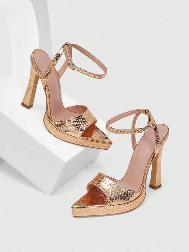 CUCCOO SZL Women's Pointed Toe High Heel Waterproof Platform PU Snake Skin Texture Slip-On Sandals, Fashionable Minimalist Design, Comfortable For Daily, Party And Banquet Wear Valentine's Day Prom Heels