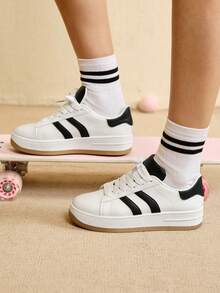 CUCCOO EASI 春秋时尚百搭厚底增高前系带女式休闲鞋防水桌鞋白色鞋 - 白色PU - 查看 4