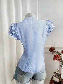 GlowEve Women's V-Neck Ruffle Trim White Button Waist Fitted Short Sleeve Shirt, Commuting Fashion Date Sweet Romantic New Style Blue & White Striped Blouse - Blue and White - View 2