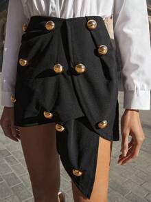 SHEIN Tall CURVE Chân váy đen dáng xòe bất đối xứng, thiết kế thời trang mùa hè dành cho nữ cỡ lớn, trang trí cúc áo, thích hợp cho sinh hoạt hàng ngày, đi làm, đi học, đi dạy, họp hành, đi chơi, thư giãn, mùa hè cho nữ, ngày Valentine cho nữ, dự tiệc, phong cách thường ngày cho nữ. Chân váy đen dáng xòe bất đối xứng, trang trí cúc vàng. - màu đen - Xem 5