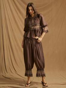 SHEIN ICON Y2k 女士黑色西部波西米亚风度假休闲纯色抽绳灯笼裤，春夏款 - 棕色 - 查看 7