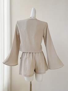 SHEIN EZwear Summer Outfit 2pcs Set: Light Apricot V-Neck Embroidered Twist Front Long Sleeve Top And Slant Pocket Shorts - Apricot - View 2