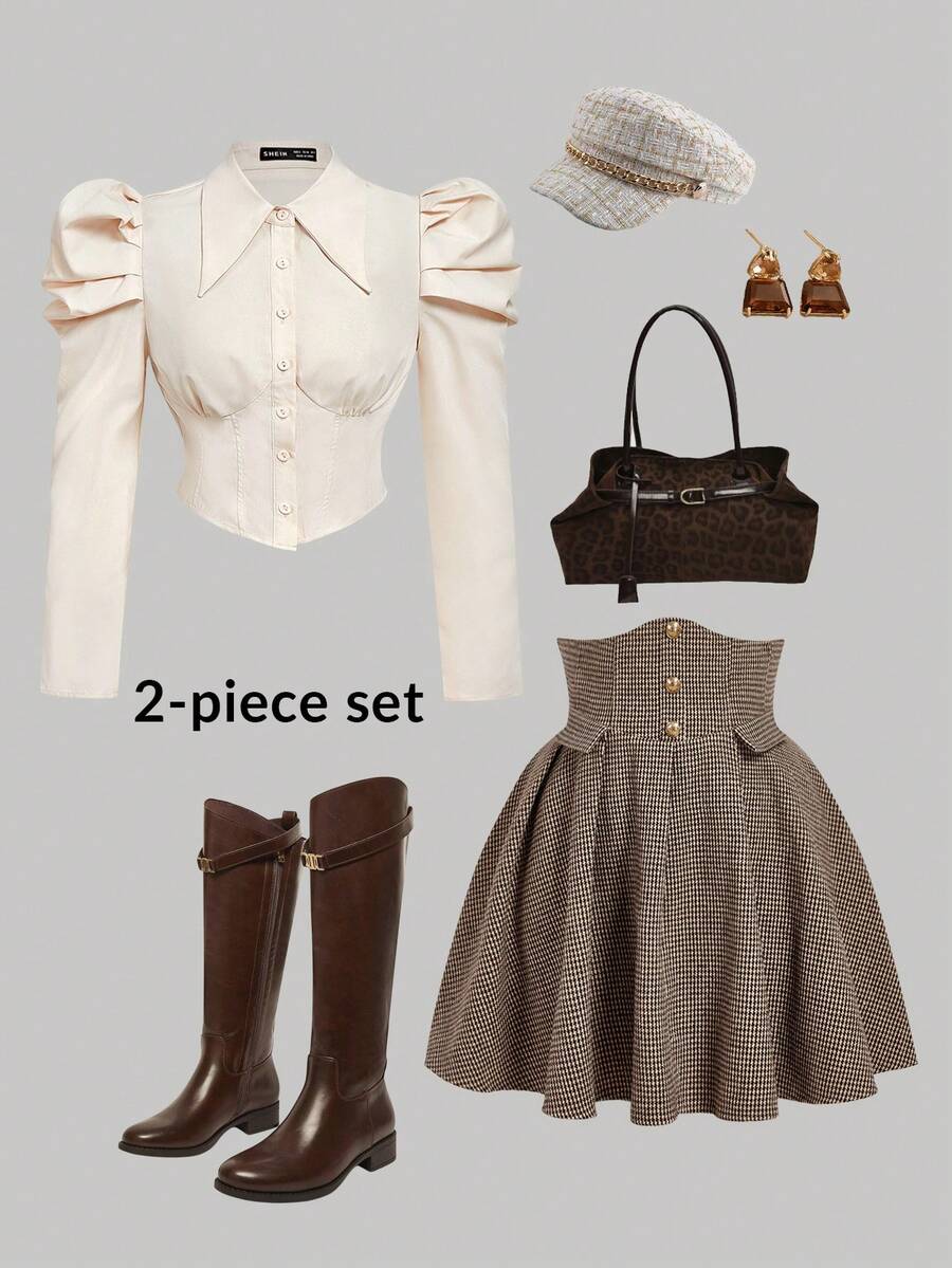 SHEIN MOD Plus Size Vintage Palace Style 2-Piece Set, Gigot Sleeve Shirt And High-Waisted Pleated Skirt, Stylish For Spring/Summer Valentine's Day Outfit - Multicolor - View 1